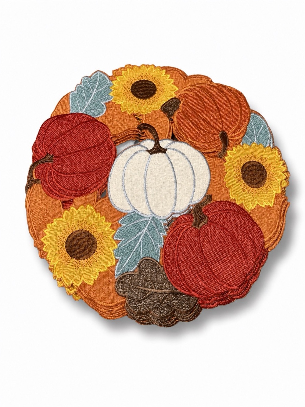 NWT Autumn Pumpkin & Sunflower Embroidered Holiday Placemat - Orange, Red, White